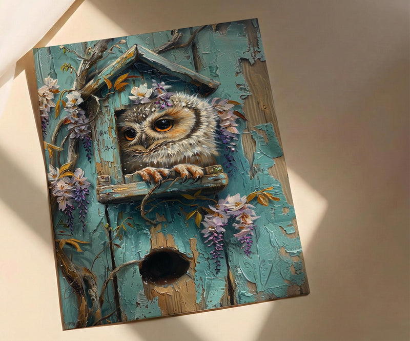 Baby Owl Nursery Wall Art, Purple Wisteria Spring Decor - Palette Knife Painting Style