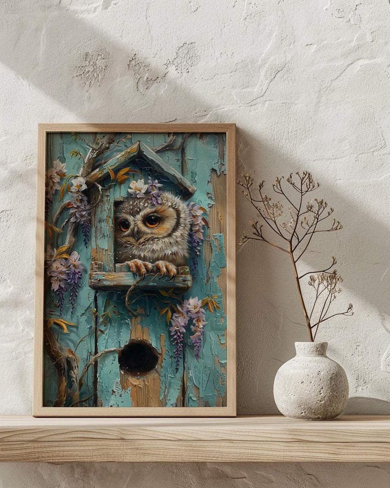 Baby Owl Nursery Wall Art, Purple Wisteria Spring Decor - Palette Knife Painting Style