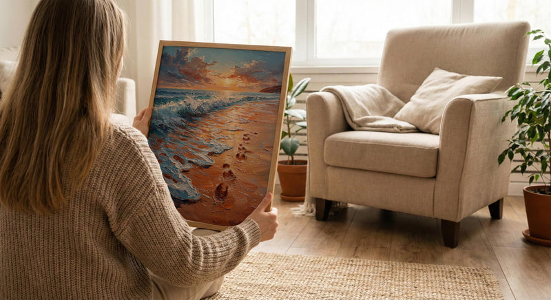 Beach Footprints Poster, Romantic Ocean Print - Palette Knife Painting Style