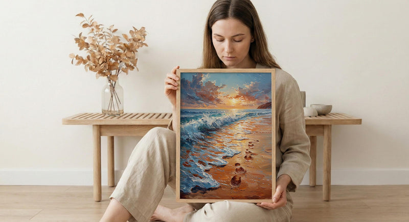 Beach Footprints Poster, Romantic Ocean Print - Palette Knife Painting Style