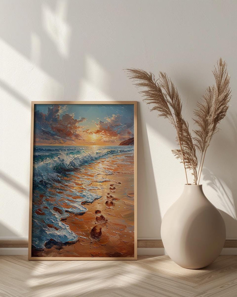 Beach Footprints Poster, Romantic Ocean Print - Palette Knife Painting Style