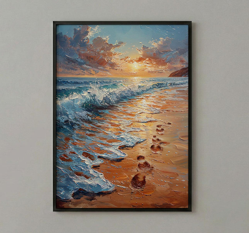 Beach Footprints Poster, Romantic Ocean Print - Palette Knife Painting Style