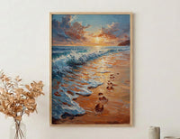 Beach Footprints Poster, Romantic Ocean Print - Palette Knife Painting Style