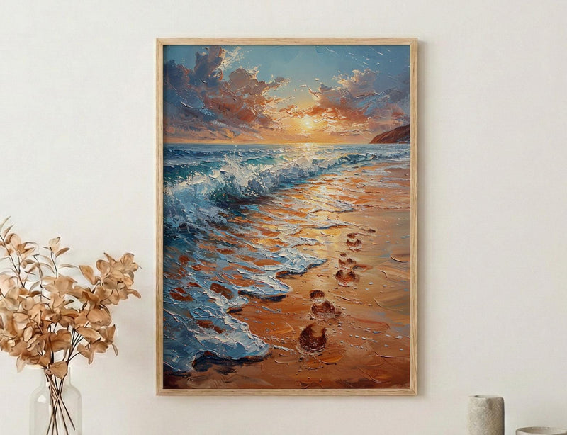 Beach Footprints Poster, Romantic Ocean Print - Palette Knife Painting Style