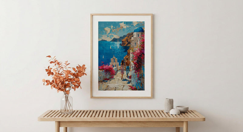 Santorini Honeymoon Art Print, Greek Coastal Decor - Honeymoon Gift