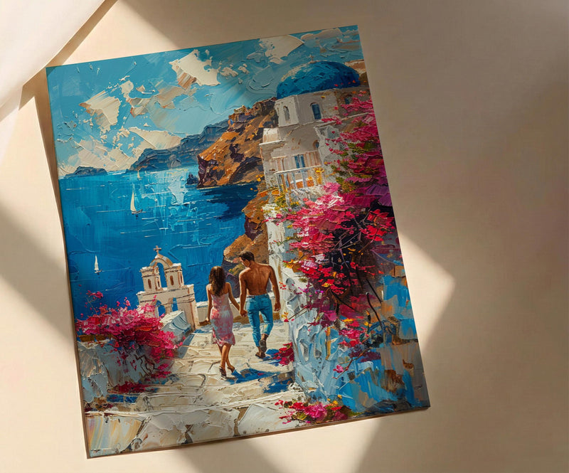 Santorini Honeymoon Art Print, Greek Coastal Decor - Honeymoon Gift
