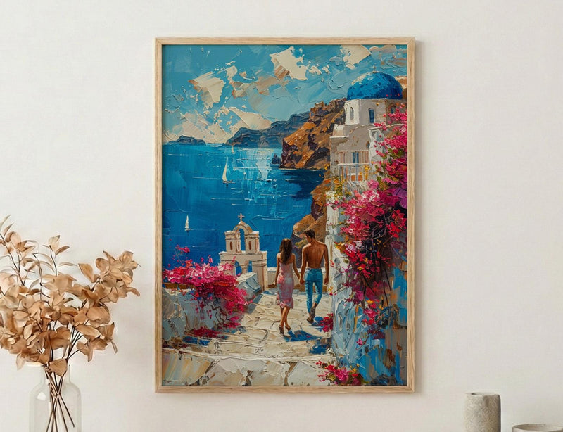 Santorini Honeymoon Art Print, Greek Coastal Decor - Honeymoon Gift