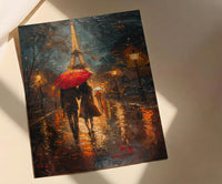 Paris Rainy Evening Poster, Red Umbrella Art - Anniversary Gift