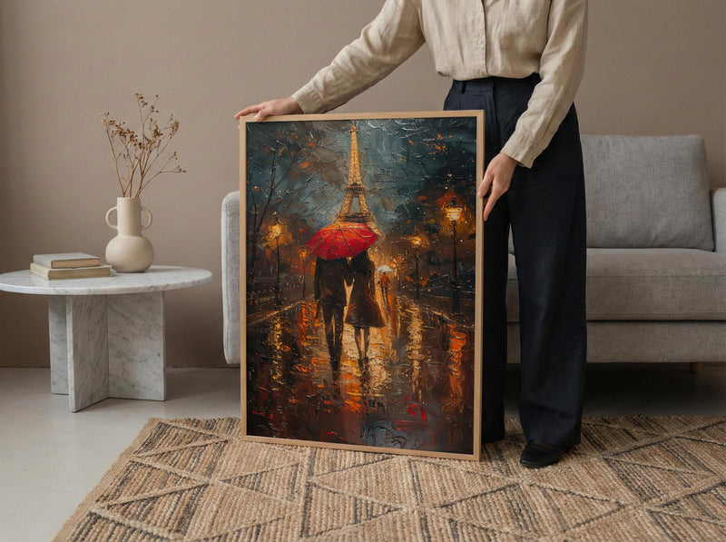 Paris Rainy Evening Poster, Red Umbrella Art - Anniversary Gift