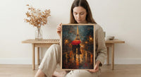 Paris Rainy Evening Poster, Red Umbrella Art - Anniversary Gift
