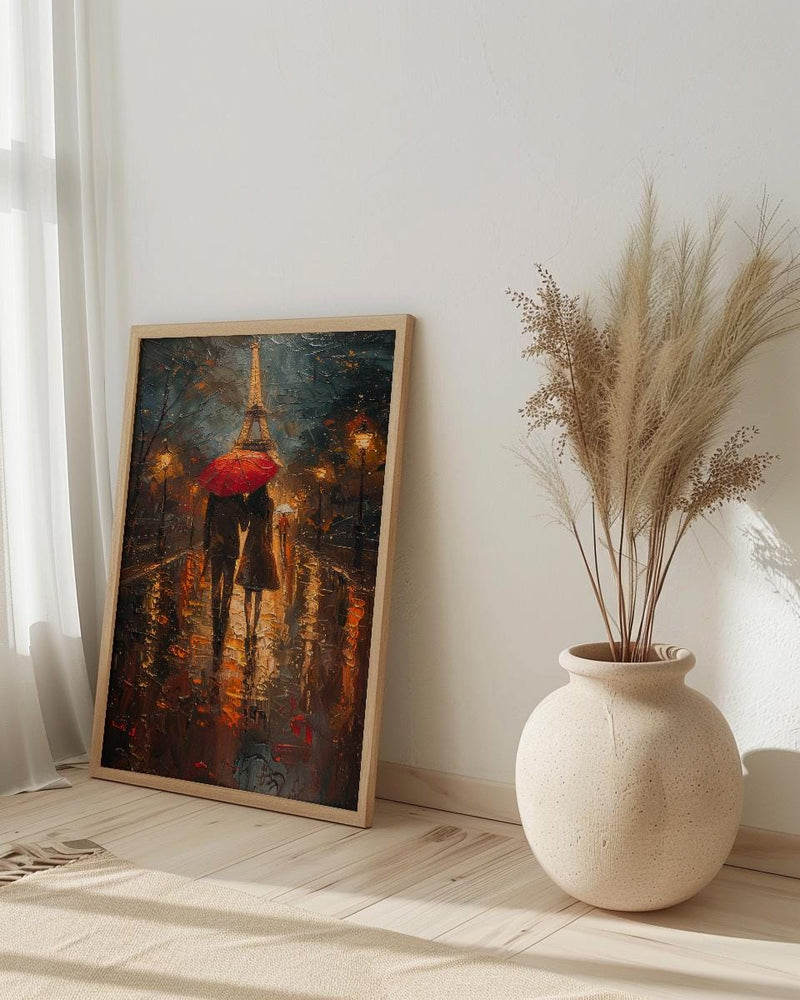 Paris Rainy Evening Poster, Red Umbrella Art - Anniversary Gift