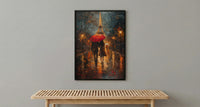 Paris Rainy Evening Poster, Red Umbrella Art - Anniversary Gift