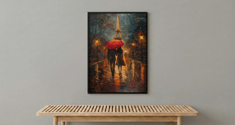 Paris Rainy Evening Poster, Red Umbrella Art - Anniversary Gift
