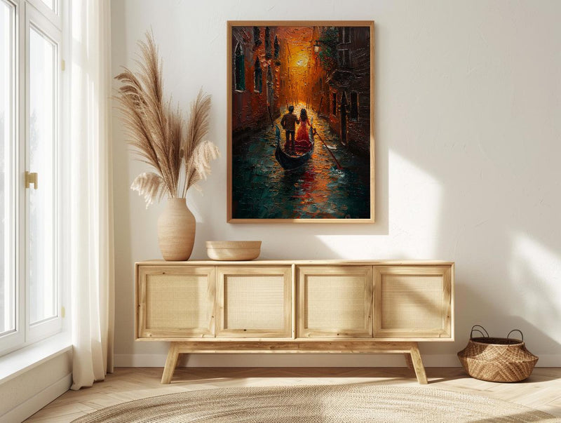 Venice Gondola Art Print, Romantic Canal Decor - Thick Oil Painting Style