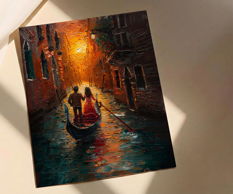 Venice Gondola Art Print, Romantic Canal Decor - Thick Oil Painting Style
