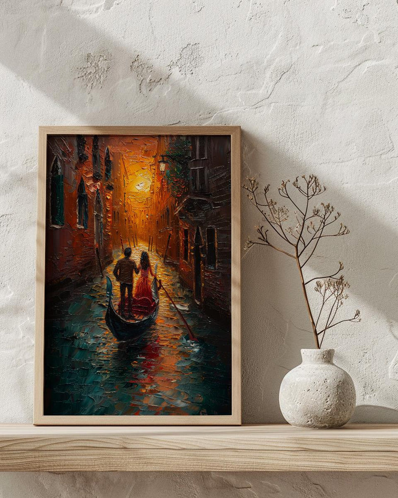 Venice Gondola Art Print, Romantic Canal Decor - Thick Oil Painting Style