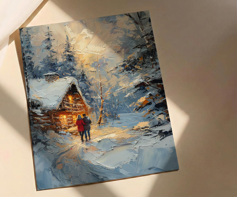 Winter Cabin Wall Art, Snowy Pine Forest Print - Anniversary Gift