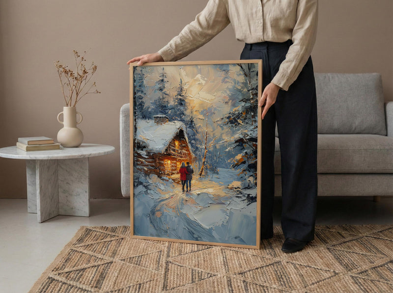 Winter Cabin Wall Art, Snowy Pine Forest Print - Anniversary Gift
