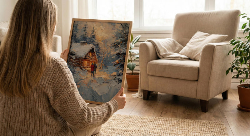 Winter Cabin Wall Art, Snowy Pine Forest Print - Anniversary Gift