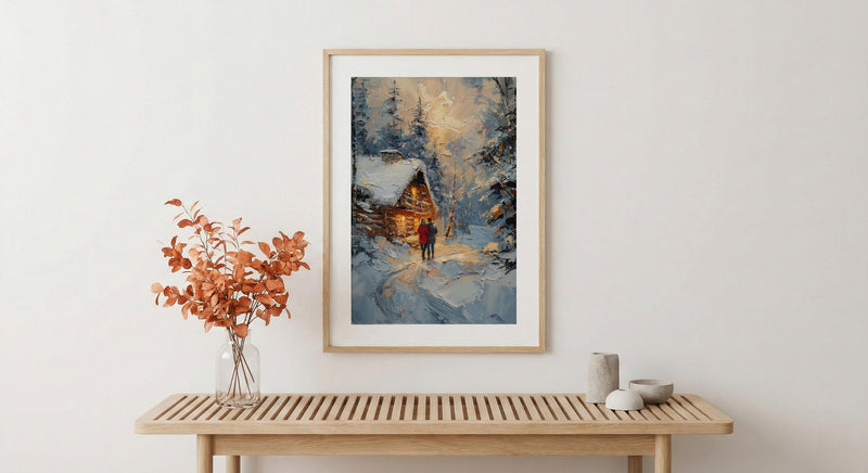Winter Cabin Wall Art, Snowy Pine Forest Print - Anniversary Gift