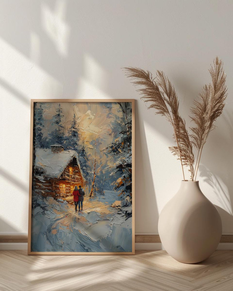 Winter Cabin Wall Art, Snowy Pine Forest Print - Anniversary Gift