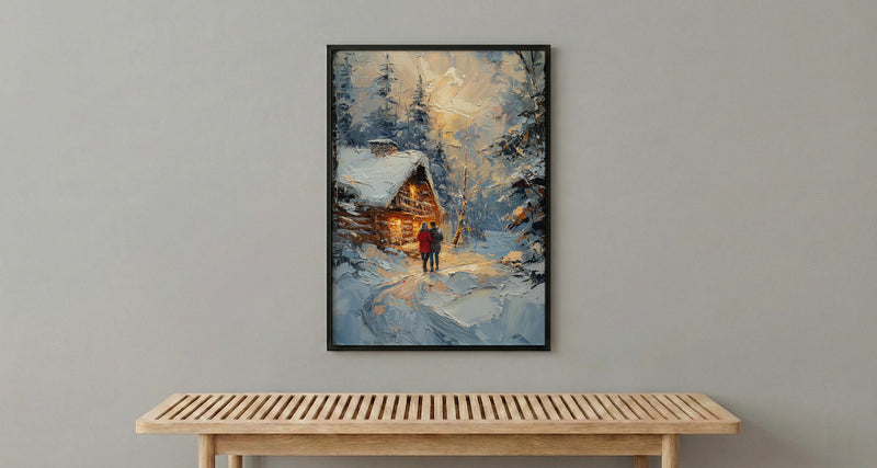 Winter Cabin Wall Art, Snowy Pine Forest Print - Anniversary Gift