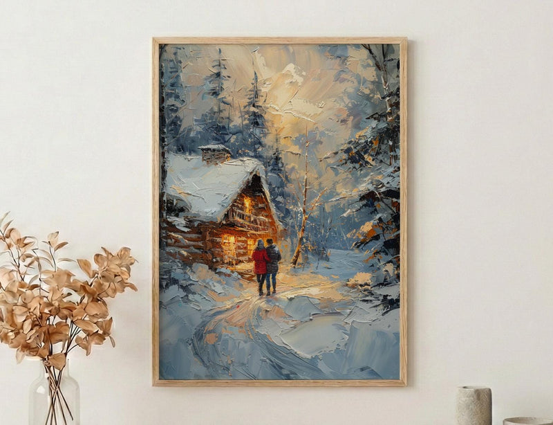 Winter Cabin Wall Art, Snowy Pine Forest Print - Anniversary Gift