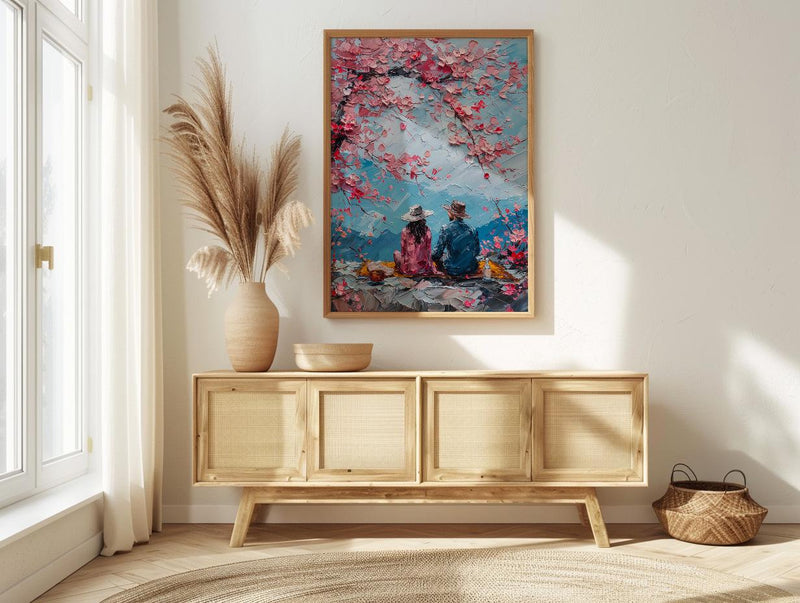 Cherry Blossom Picnic Art Print, Spring Couple Wall Decor - Newlywed Gift