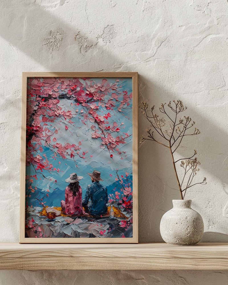 Cherry Blossom Picnic Art Print, Spring Couple Wall Decor - Newlywed Gift
