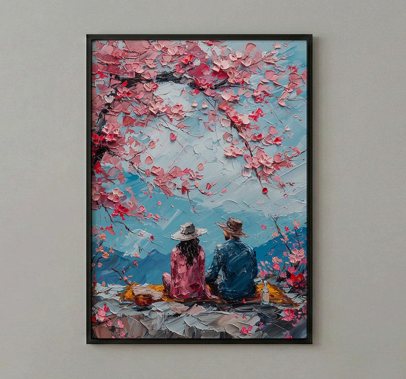 Cherry Blossom Picnic Art Print, Spring Couple Wall Decor - Newlywed Gift