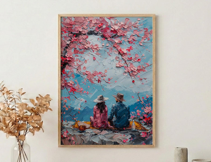 Cherry Blossom Picnic Art Print, Spring Couple Wall Decor - Newlywed Gift