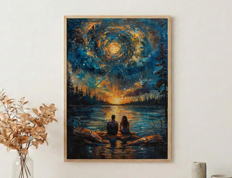 Stargazing Couple Poster, Night Sky Campfire Art - Anniversary Gift