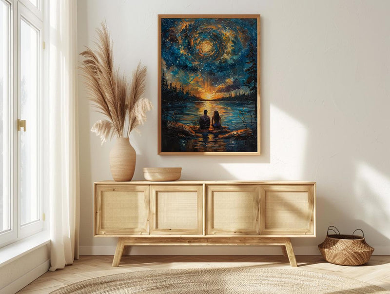 Stargazing Couple Poster, Night Sky Campfire Art - Anniversary Gift