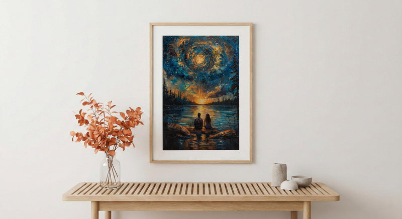 Stargazing Couple Poster, Night Sky Campfire Art - Anniversary Gift