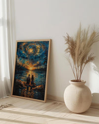 Stargazing Couple Poster, Night Sky Campfire Art - Anniversary Gift