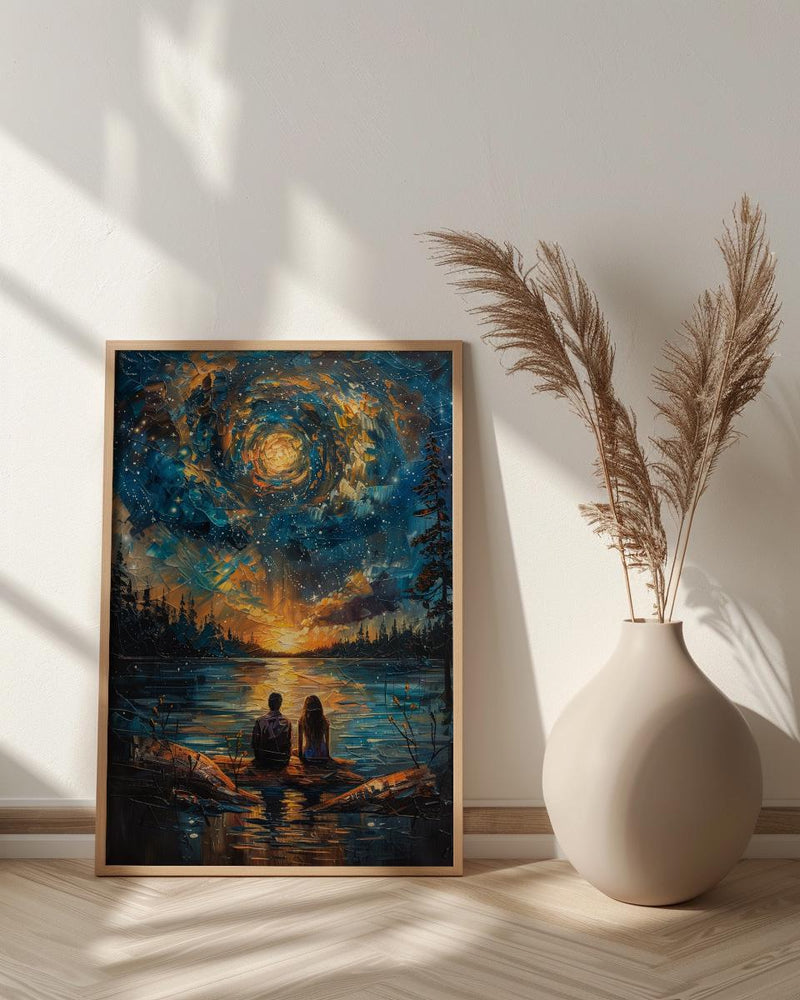Stargazing Couple Poster, Night Sky Campfire Art - Anniversary Gift
