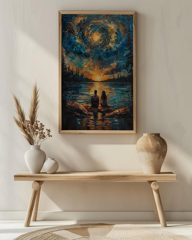 Stargazing Couple Poster, Night Sky Campfire Art - Anniversary Gift