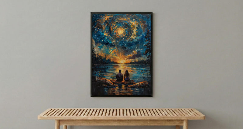 Stargazing Couple Poster, Night Sky Campfire Art - Anniversary Gift