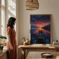Lake Sunset Wall Decor, Peaceful Dock Romantic Art - Palette Knife Painting Style