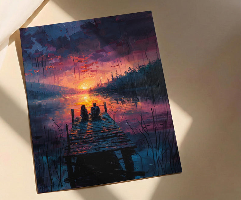 Lake Sunset Wall Decor, Peaceful Dock Romantic Art - Palette Knife Painting Style
