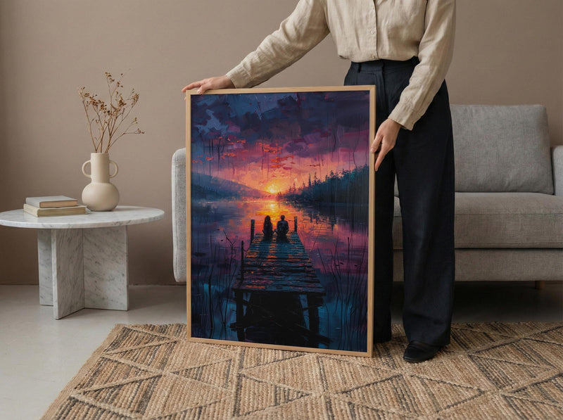 Lake Sunset Wall Decor, Peaceful Dock Romantic Art - Palette Knife Painting Style