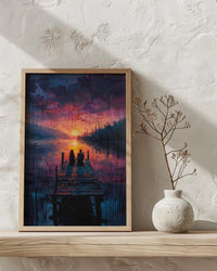 Lake Sunset Wall Decor, Peaceful Dock Romantic Art - Palette Knife Painting Style