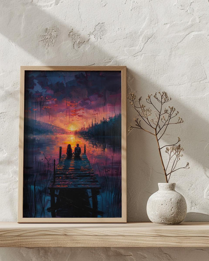 Lake Sunset Wall Decor, Peaceful Dock Romantic Art - Palette Knife Painting Style