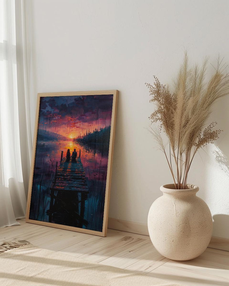 Lake Sunset Wall Decor, Peaceful Dock Romantic Art - Palette Knife Painting Style