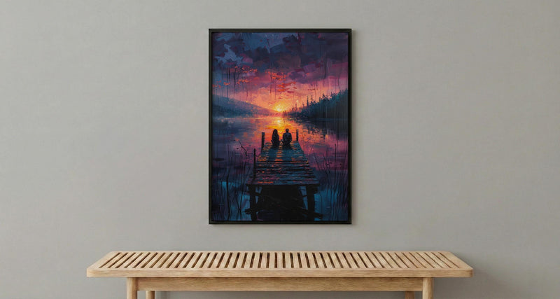 Lake Sunset Wall Decor, Peaceful Dock Romantic Art - Palette Knife Painting Style