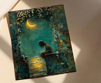 High Priestess Tarot Wall Decor, Crescent Moon Print - Palette Knife Painting Style