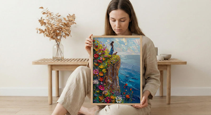 The Fool Tarot Poster, Spring Wildflower Cliff Art - Palette Knife Painting Style