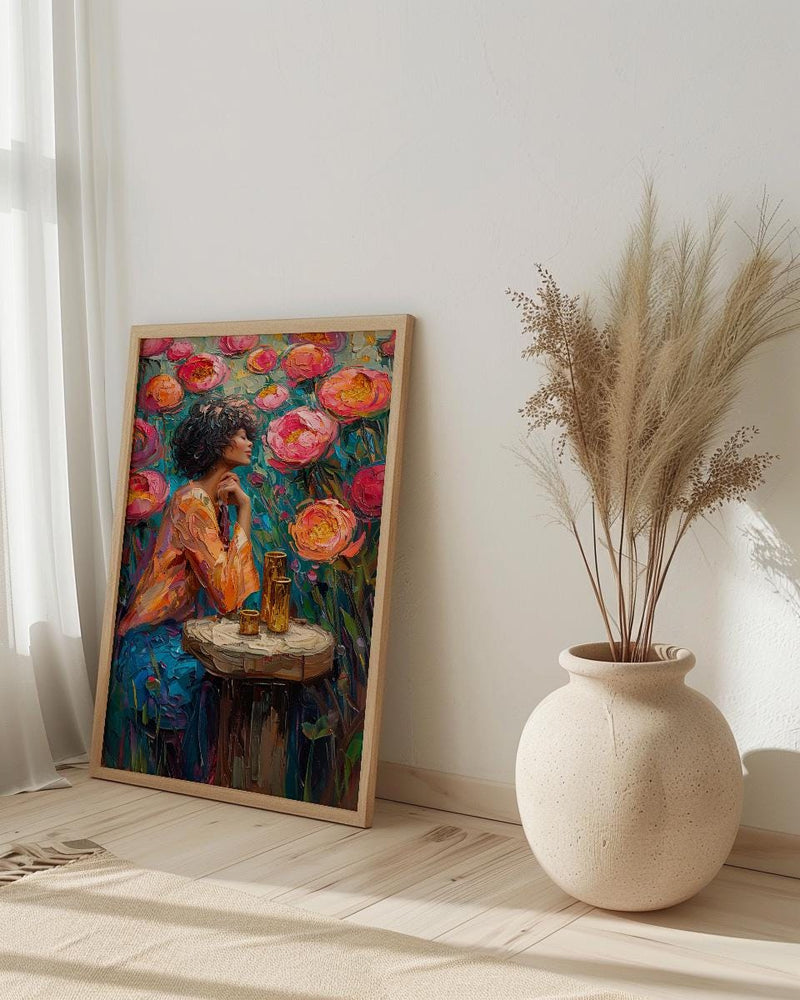 Nine of Cups Tarot Wall Decor, Pink Peony Spring - Thick Oil Painting Style