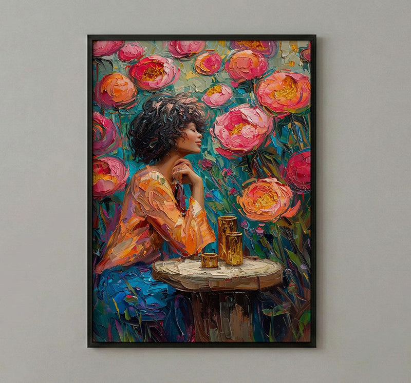 Nine of Cups Tarot Wall Decor, Pink Peony Spring - Thick Oil Painting Style