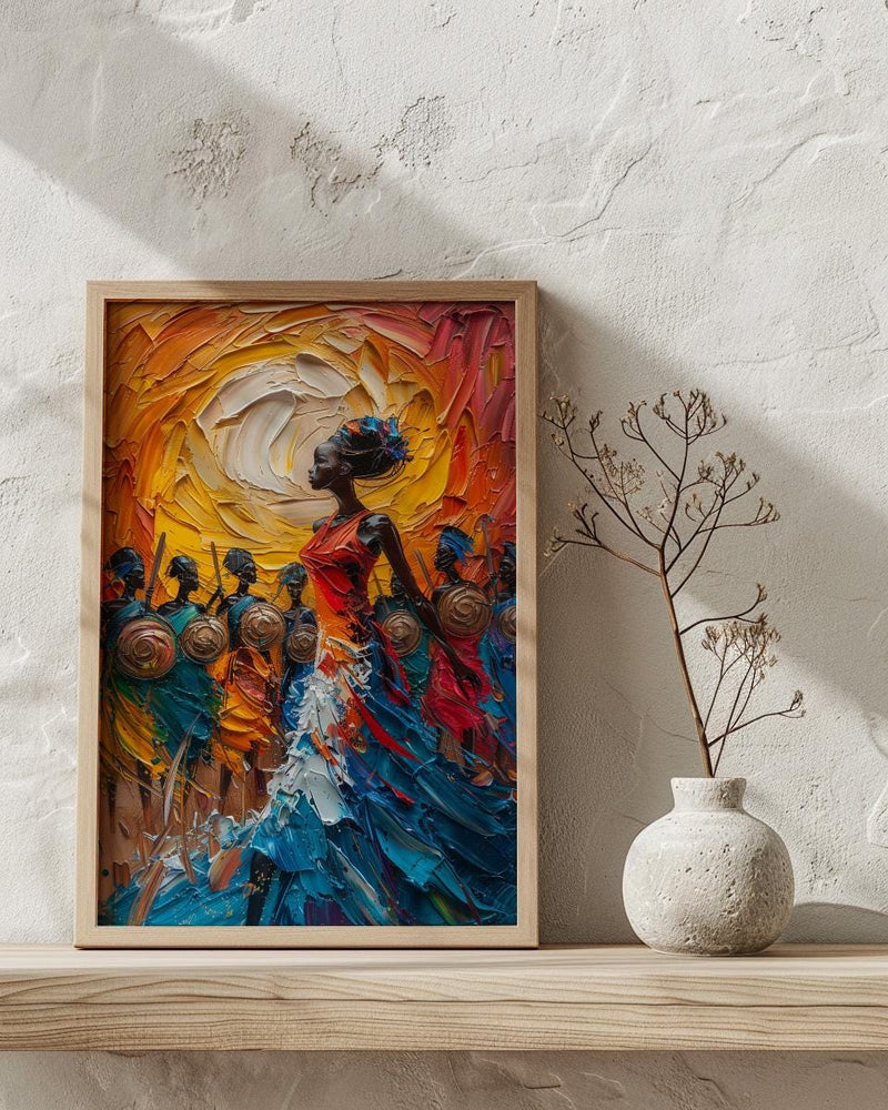 Zulu Dance Wall Decor, Serengeti Village Print - Thick Oil Painting Style